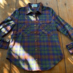 Judith March Plaid Shirt with Studded Pockets - Green, Blue, Red